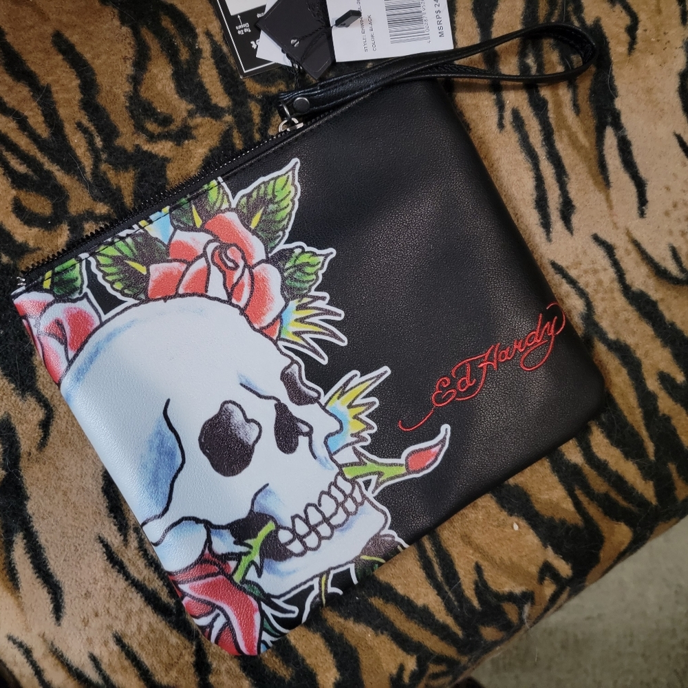 Ed Hardy Black and White Skull Clutch New